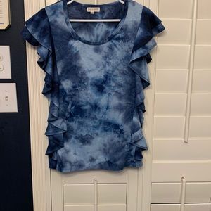Blue Tie-dye Top with Ruffles Down the Side